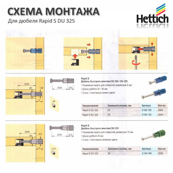 Эксцентриковая стяжка в комплекте с дюбелем Rapid S DU 325 Hettich, (комплект из 40 шт.)